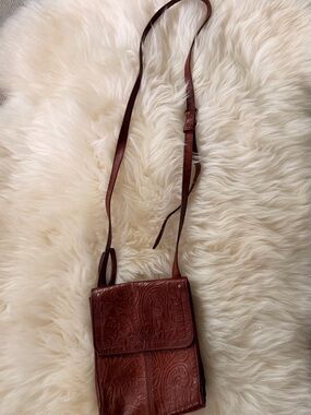 Tooled Leather Brown Crossbody Bag with Adjustable Strap
